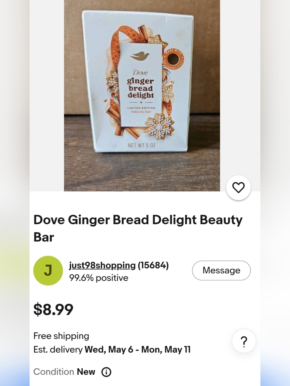 $16 8pk Dove Gingerbread Delight Beauty Bar - White & Gold Packaging